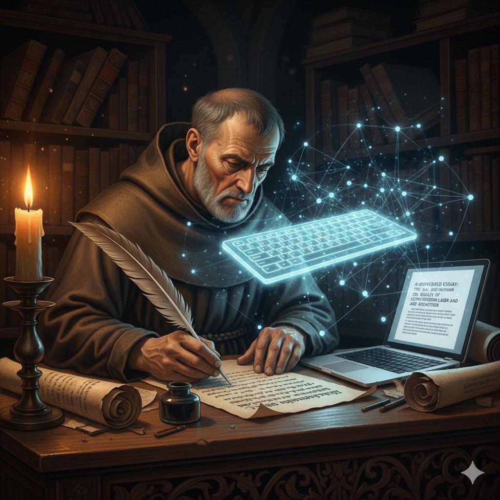 Featured Image for article The Monastery, the Mind, and the Machine: What Medieval Scribes Teach Us About AI's Impact on Human Intelligence