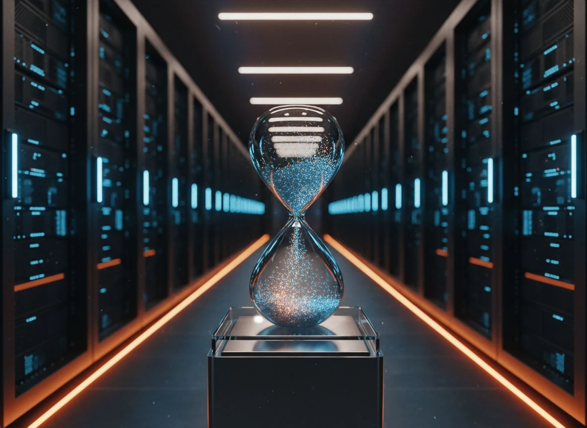 Data center corridor with server racks and a glowing hourglass with digital particles, representing data decay and construction speed.