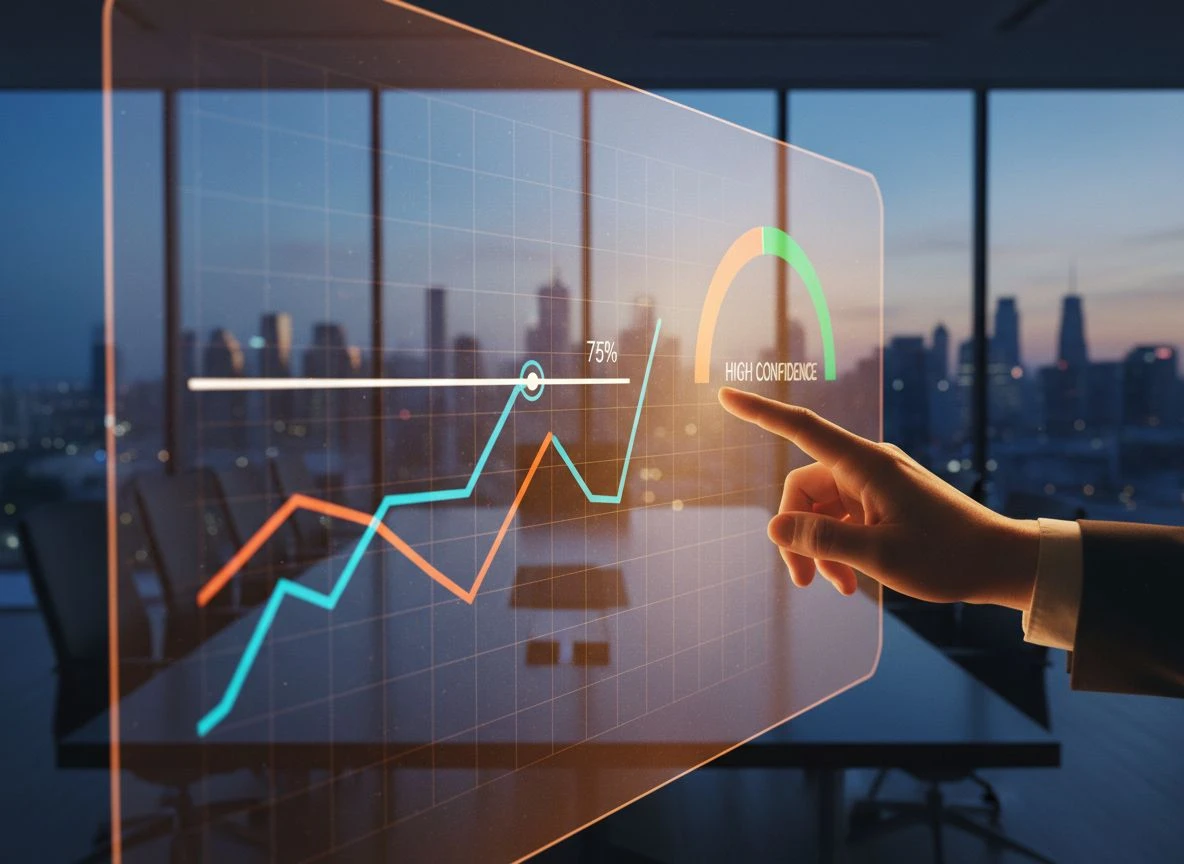 Executive hands touching a large touchscreen dashboard with abstract charts showing 75% threshold.