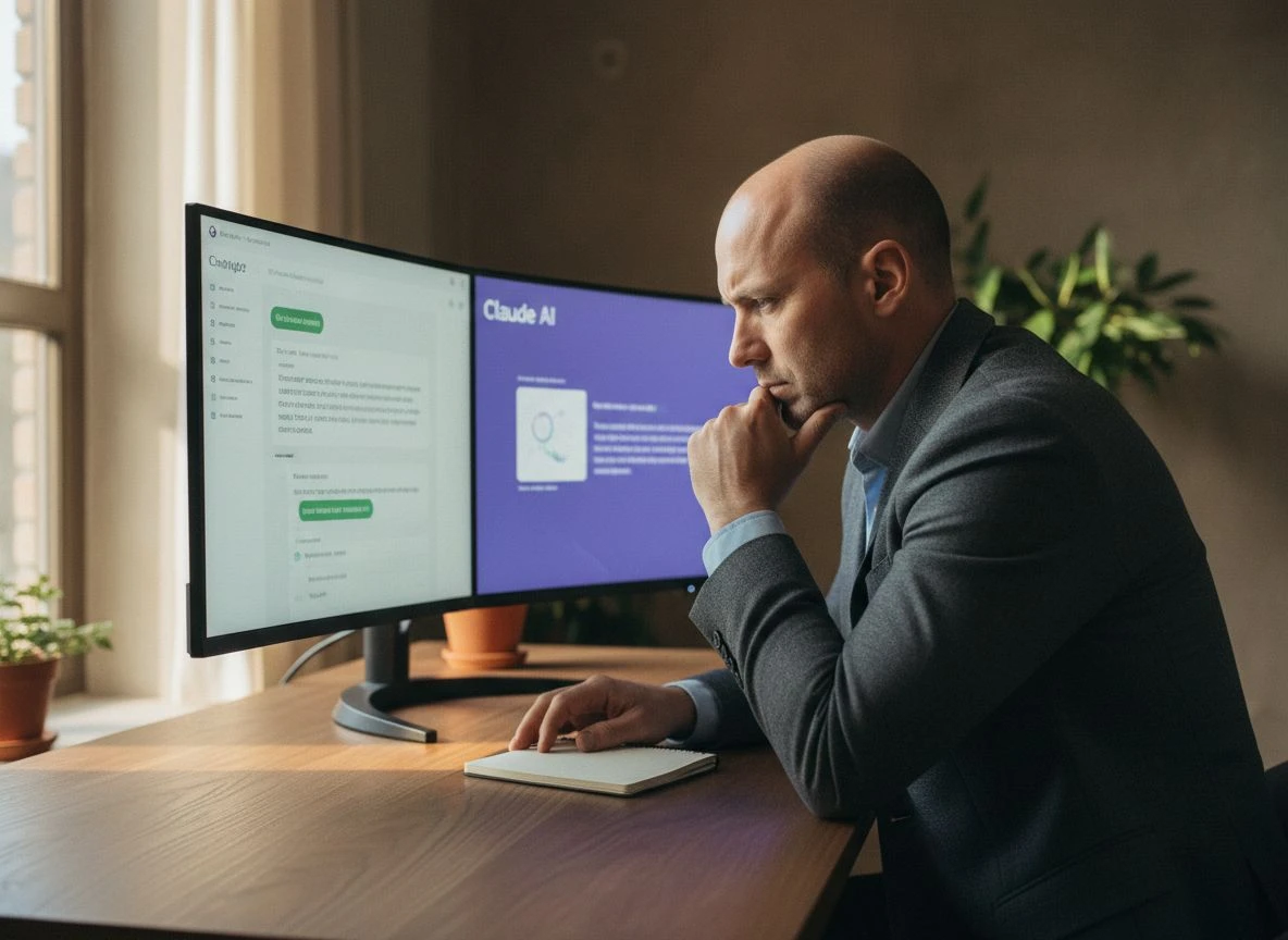 Professional man in blazer at desk with dual AI chat interfaces on monitor, soft window light.