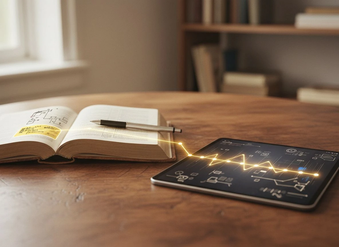 Vintage dictionary and tablet with abstract timeline, representing temporal depth and vocabulary sovereignty.