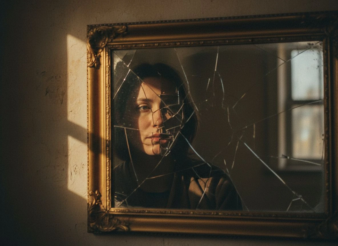 Cracked mirror reflecting a face representing hedged AI citations Cracked mirror reflecting a face representing hedged AI citations