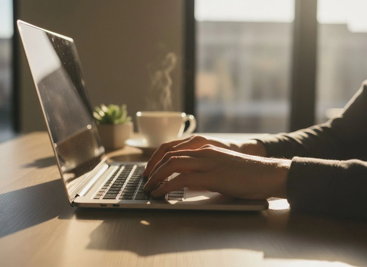 Hands typing on a laptop with glowing screen symbolizing structured data implementation Hands typing on a laptop with glowing screen symbolizing structured data implementation