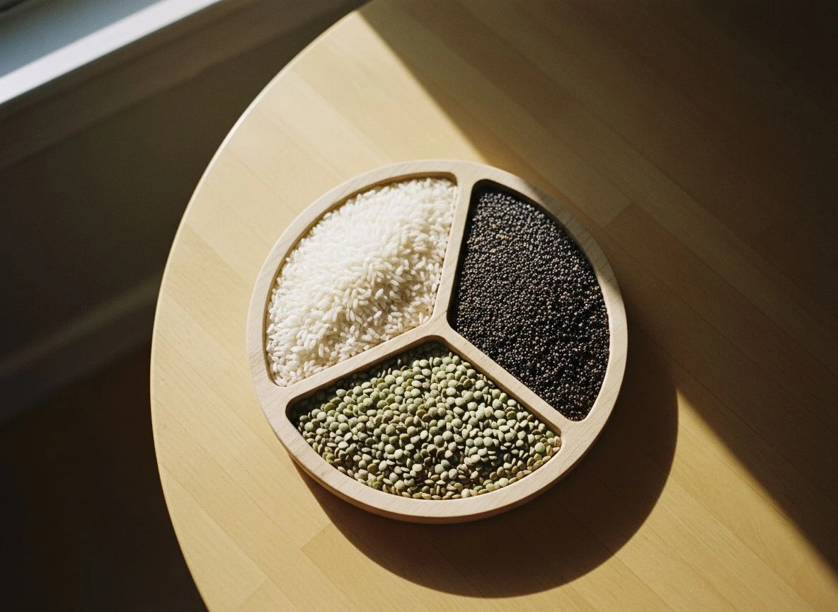 Wooden platter divided into three segments with different grains showing investment allocation.