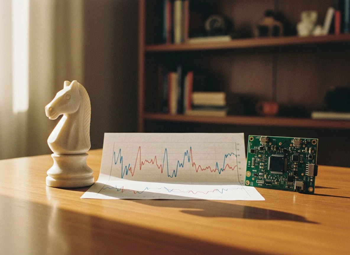 Three objects representing strategy consulting, financial advisory, and technology implementation on a desk.