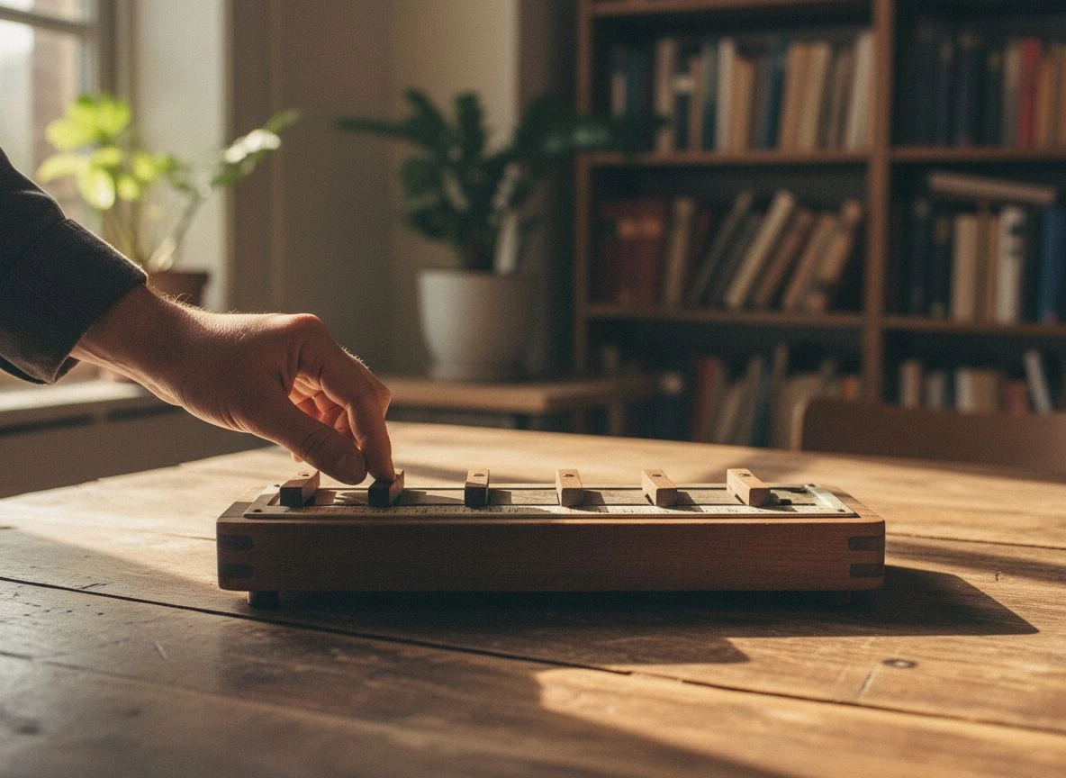 Hand adjusting sliders on a wooden scale representing portfolio extension protocol.