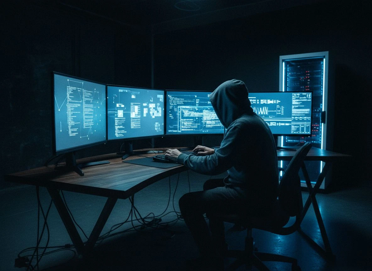 A person working on multiple monitors in a dark room, illustrating coordinated adversarial attacks.