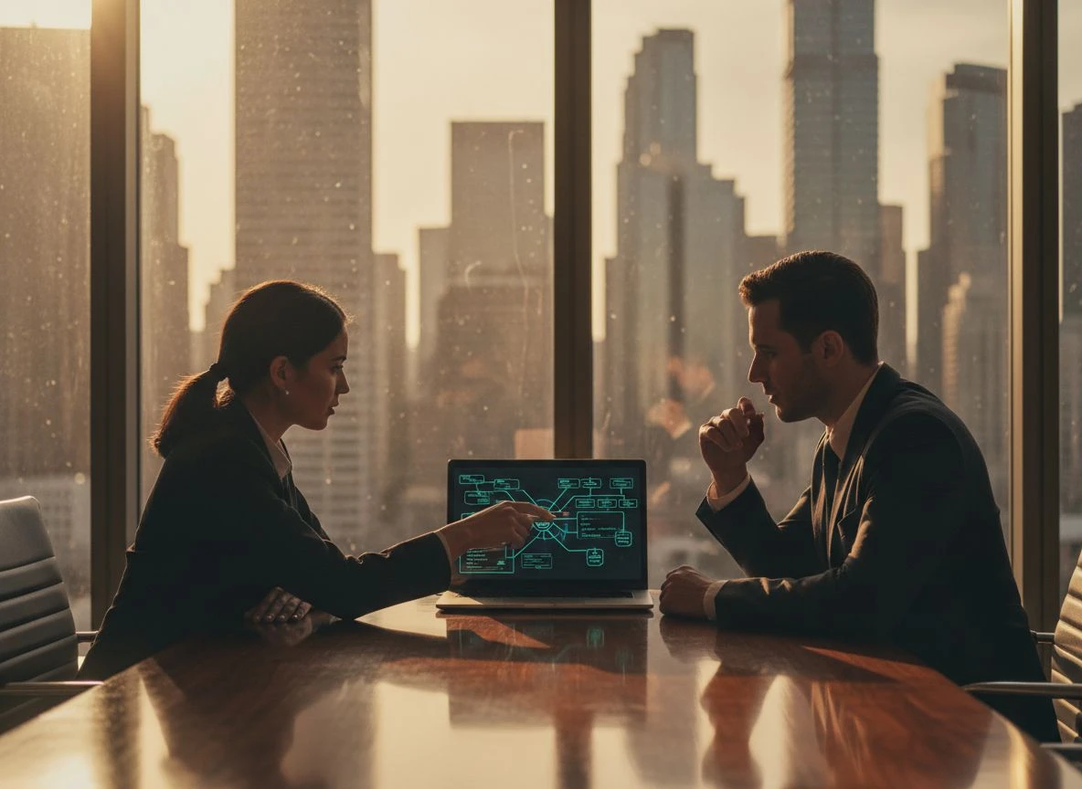 Two business professionals in a conference room facing each other over a laptop, representing AI reputation attack.