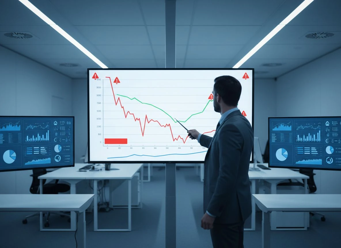 A person analyzing a graph on a monitor showing a sharp drop in citation probability.