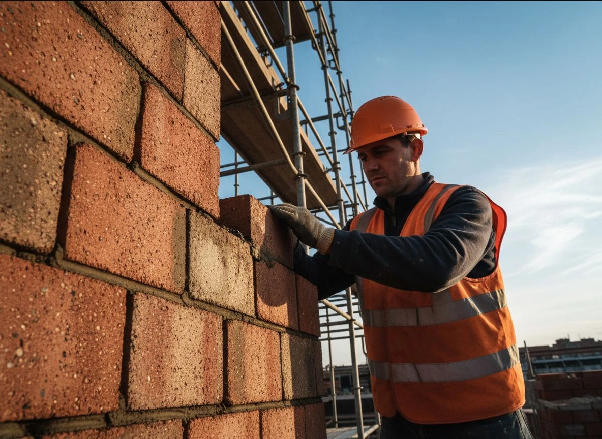 A construction worker building a brick wall, symbolizing proactive defense building.