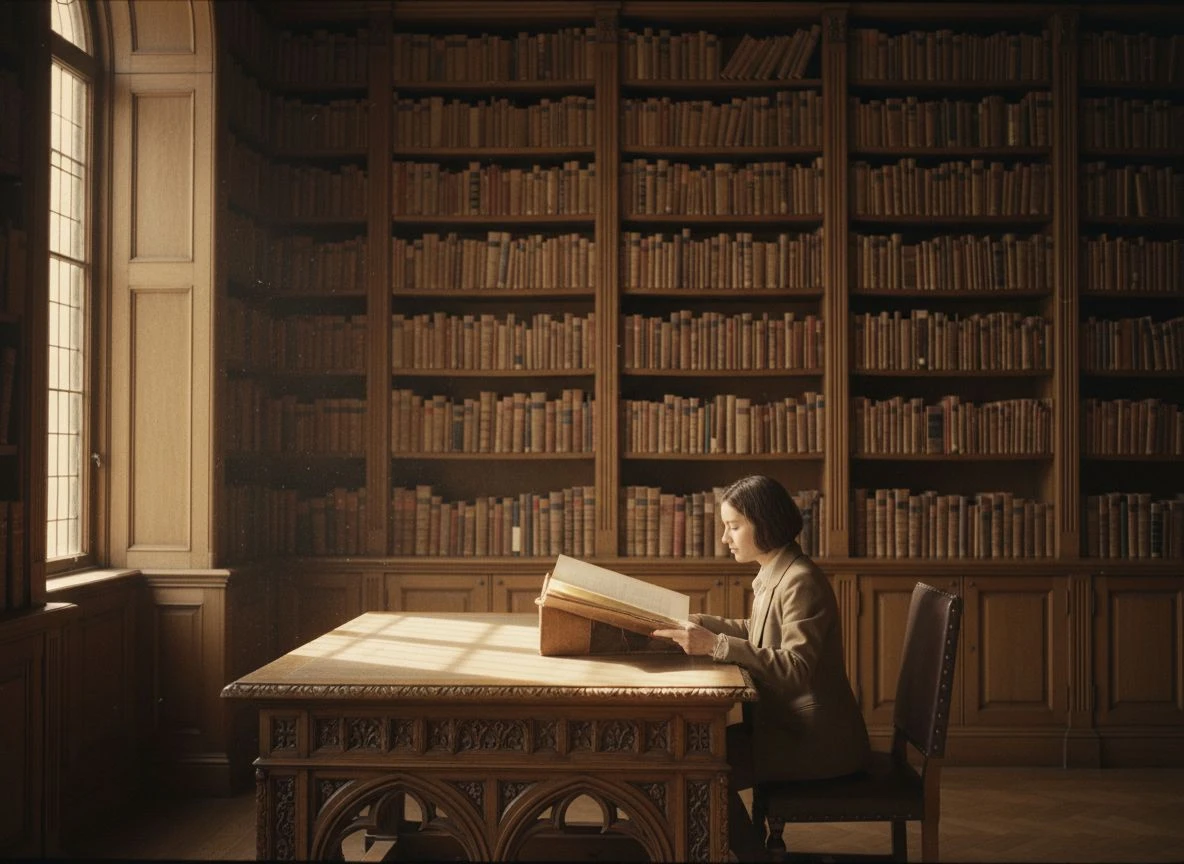 A person reading in a grand library, symbolizing temporal depth and ontological sovereignty.