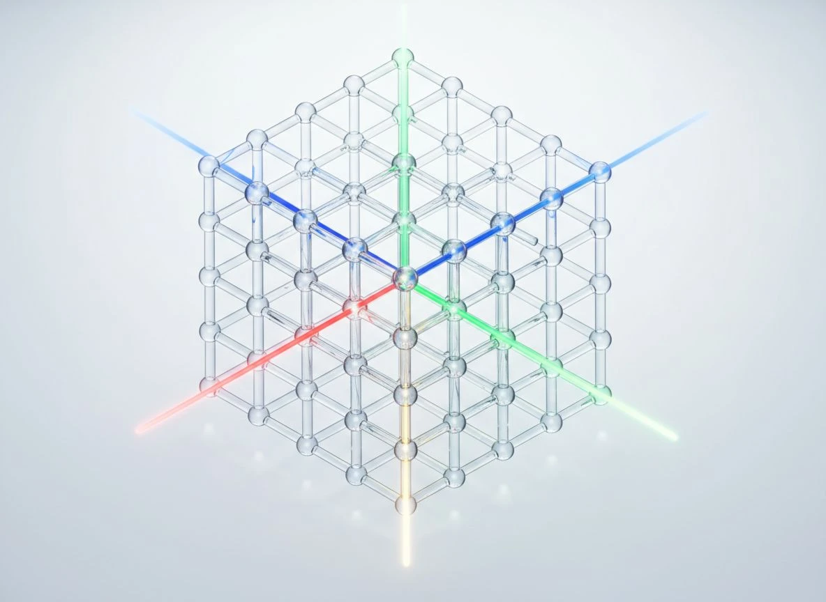 3D crystal lattice with four axes and spheres at theorem positions.
