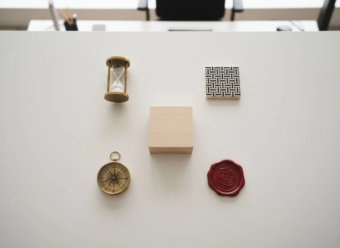Flat lay of hourglass, binary tile, compass, and seal around a block.