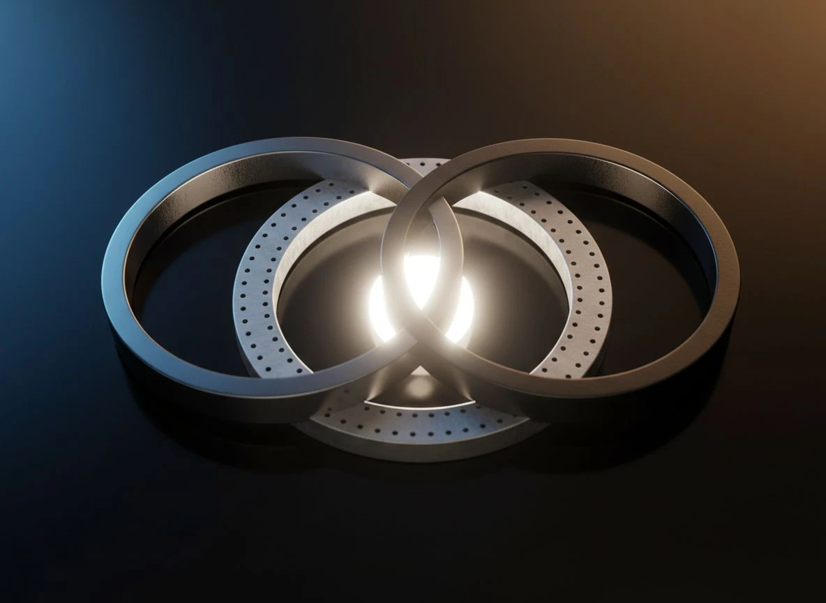 Three interlocking rings converging to a central point.