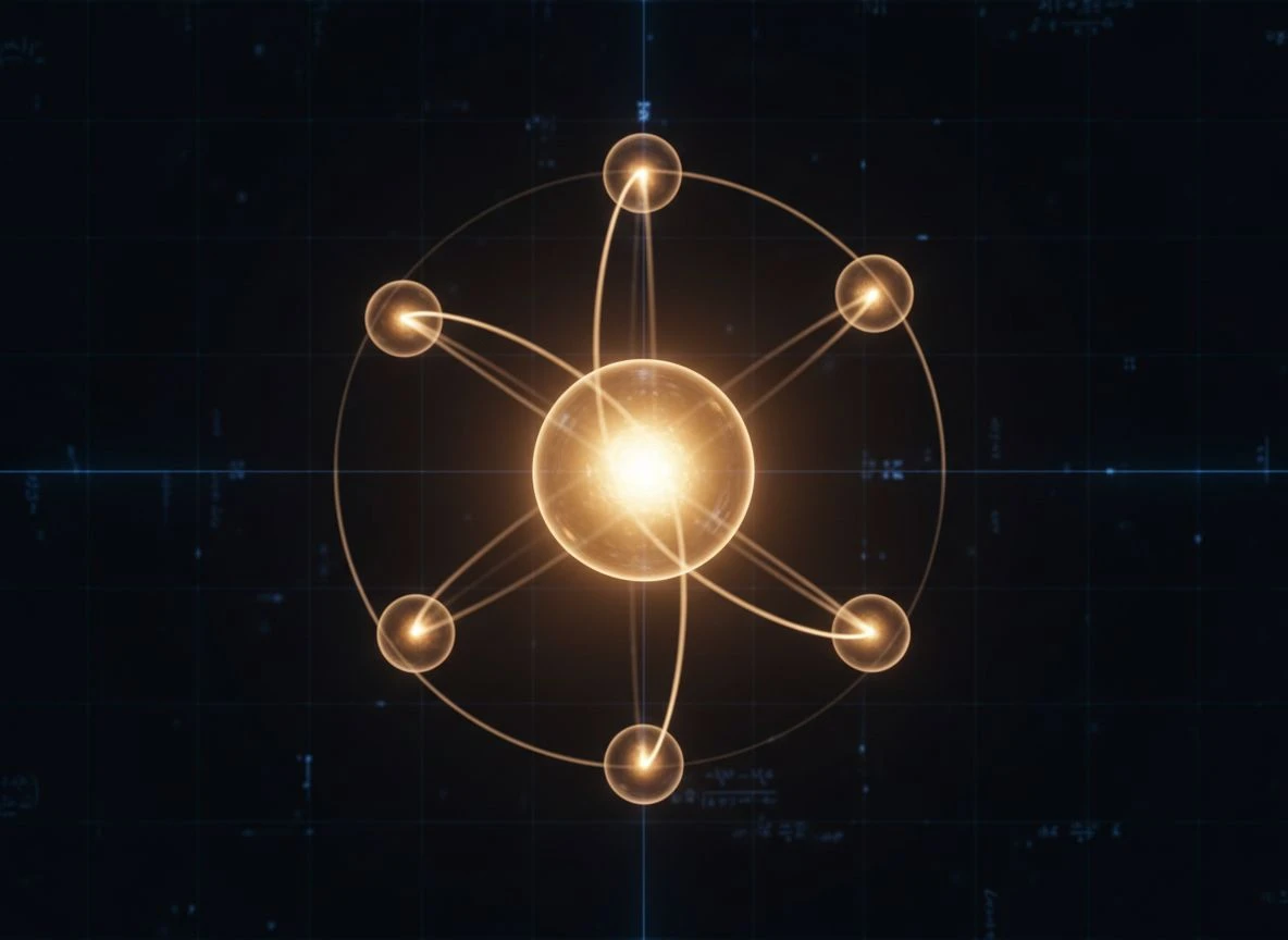 Central glowing sphere with four orbiting smaller spheres connected by light arcs.