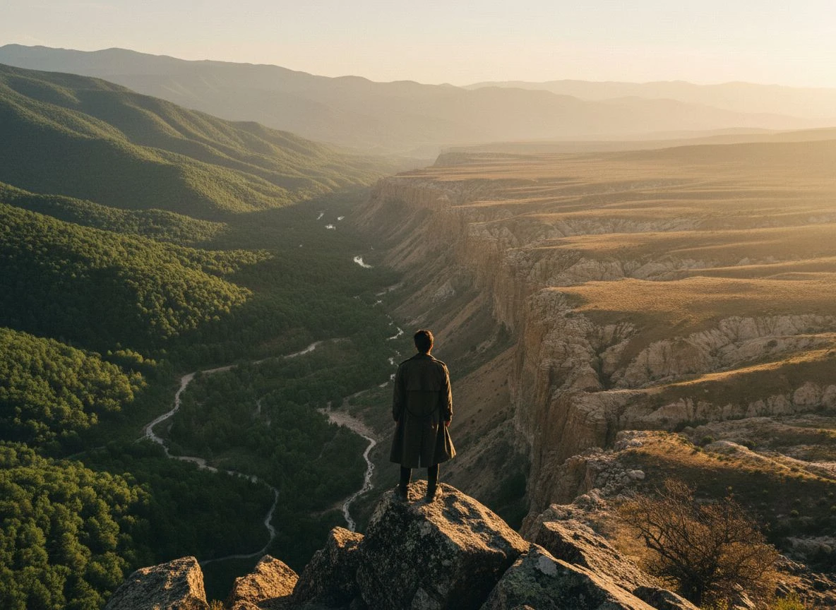 A lone person on a cliff edge overlooking a split landscape with a distinct geological fault line at golden hour