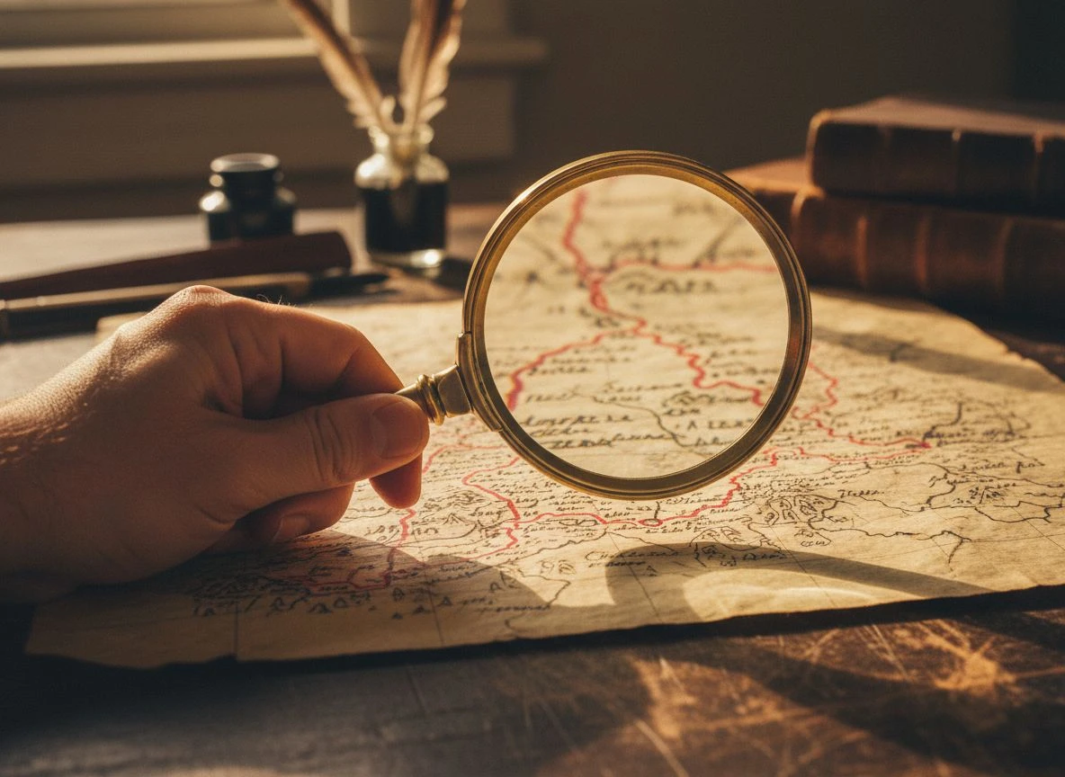 A hand holding a magnifying glass over a detailed map with red lines, warm light