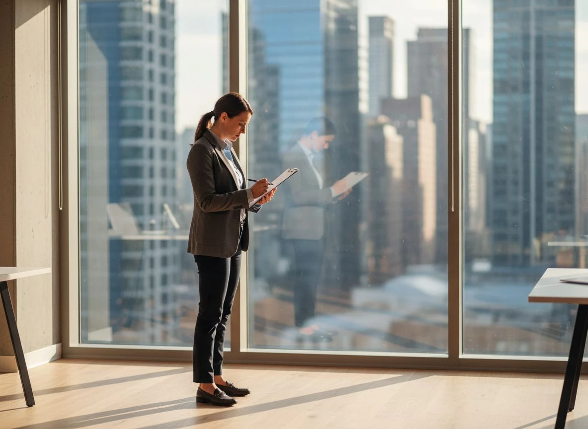 A person in an office holding a clipboard and pen, reviewing a checklist in morning sunlight