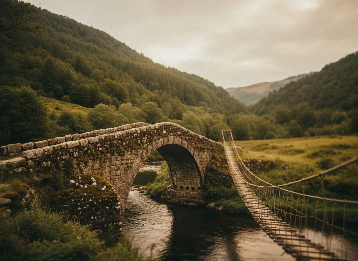 A solid stone arch bridge next to a rope bridge over a river in a green valley