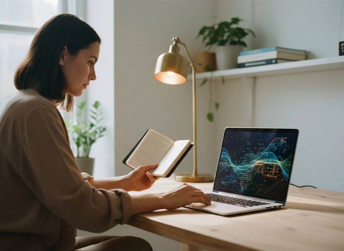 A person at a desk holding a notebook and looking at a laptop with data visualizations