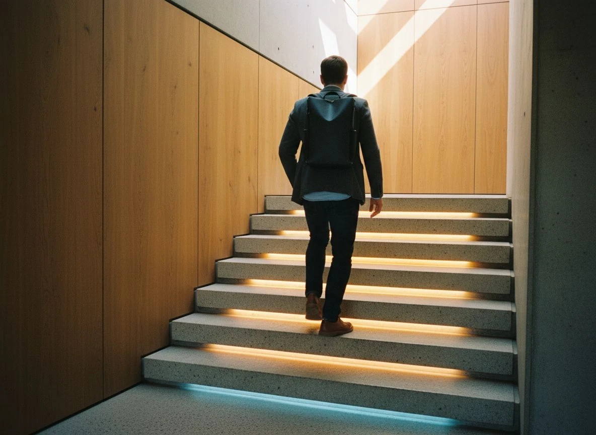 Person climbing four stone steps with increasing illumination representing stages from displaced to dominant Person climbing four stone steps with increasing illumination representing stages from displaced to dominant