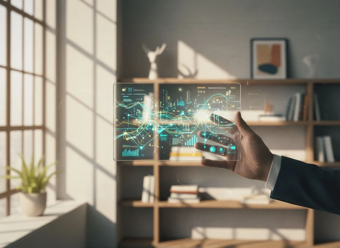 Hand holding transparent tablet with glowing data visualization representing AI representation measurement Hand holding transparent tablet with glowing data visualization representing AI representation measurement