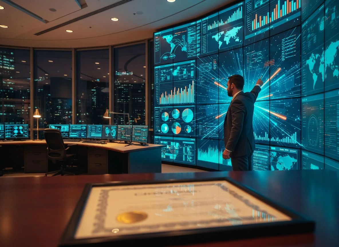 Person pointing at a dashboard screen with a framed certificate in foreground symbolizing monitoring versus certification Person pointing at a dashboard screen with a framed certificate in foreground symbolizing monitoring versus certification