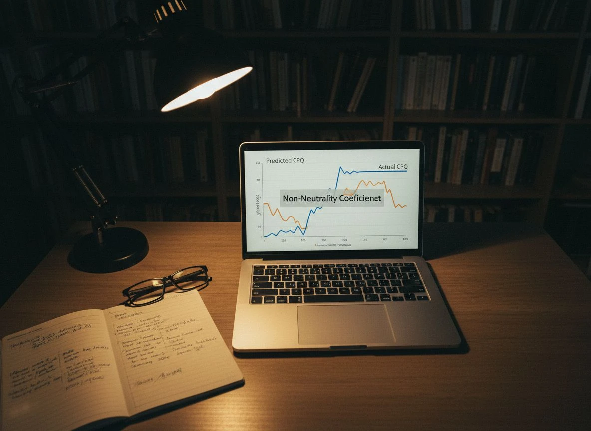Laptop showing CPQ chart with gap indicating non-neutrality coefficient, desk with notes and glasses Laptop showing CPQ chart with gap indicating non-neutrality coefficient, desk with notes and glasses