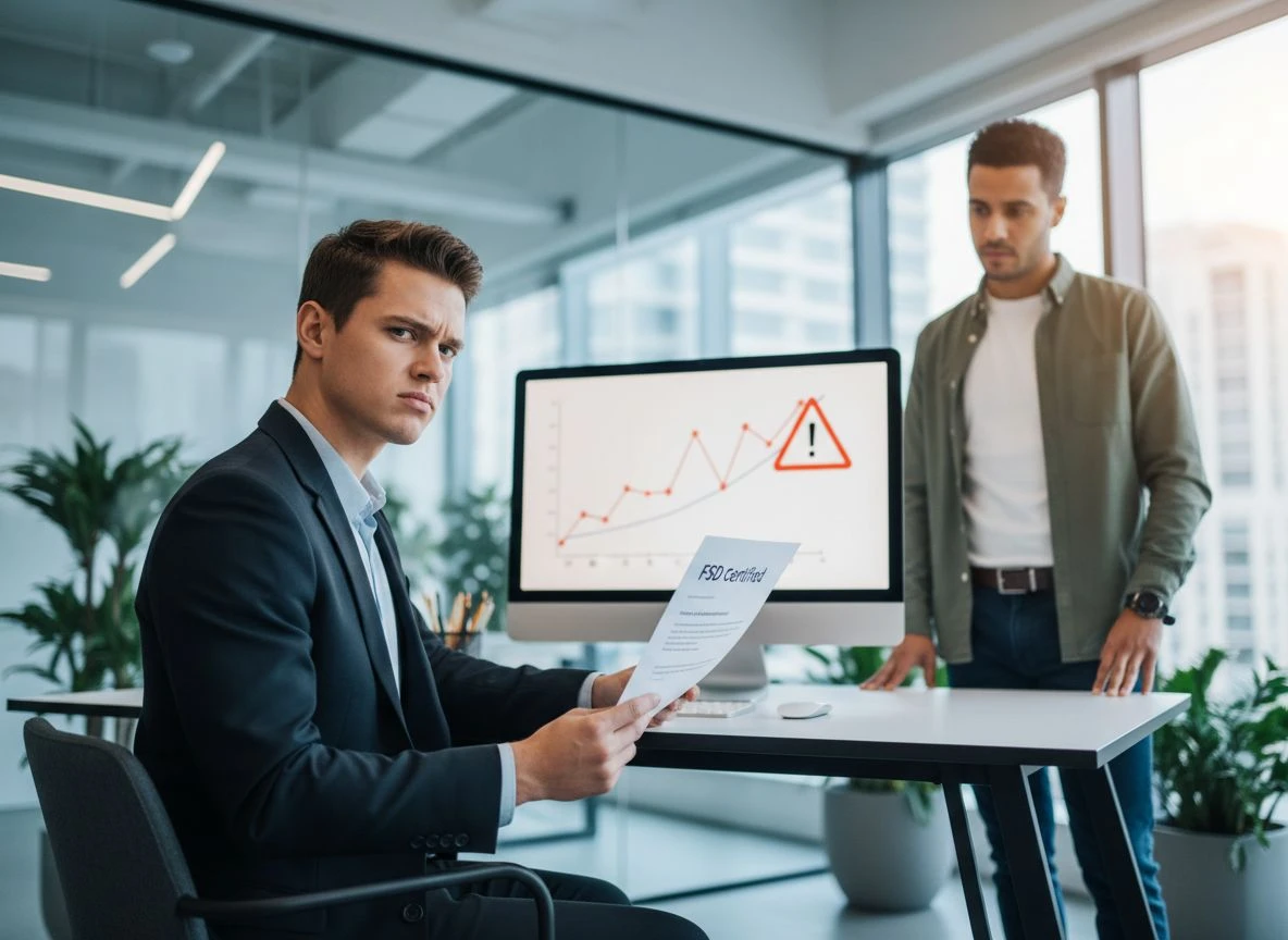Professional examining FSD certification with skeptical look, computer screen showing warning graph Professional examining FSD certification with skeptical look, computer screen showing warning graph