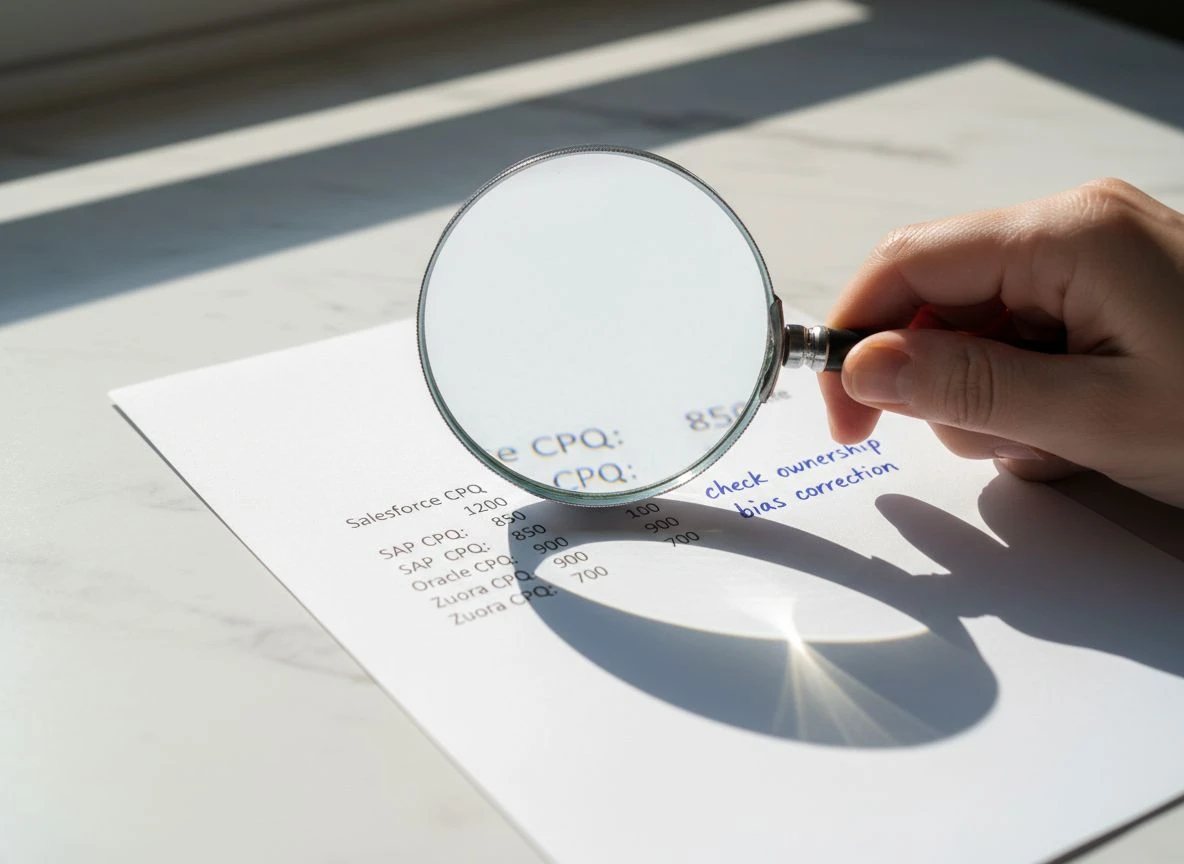 Magnifying glass over a list of platform CPQ values with handwritten notes about bias checks Magnifying glass over a list of platform CPQ values with handwritten notes about bias checks