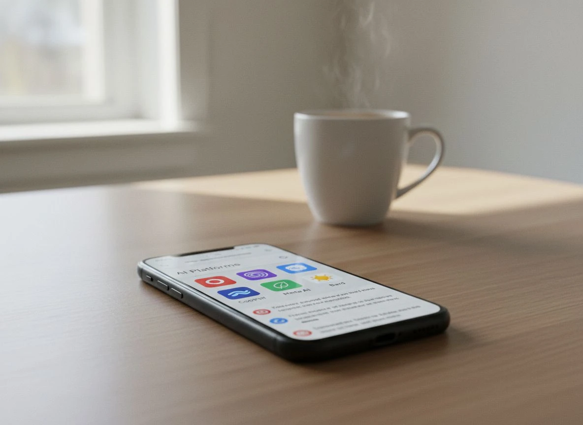 Smartphone on desk displaying AI search results from multiple platforms, representing platform non-neutrality Smartphone on desk displaying AI search results from multiple platforms, representing platform non-neutrality