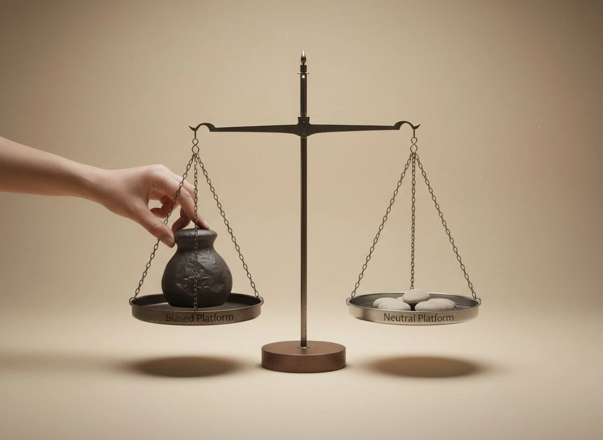 Scale balance with biased platform side weighed down, neutral platform side rising as weight is removed Scale balance with biased platform side weighed down, neutral platform side rising as weight is removed