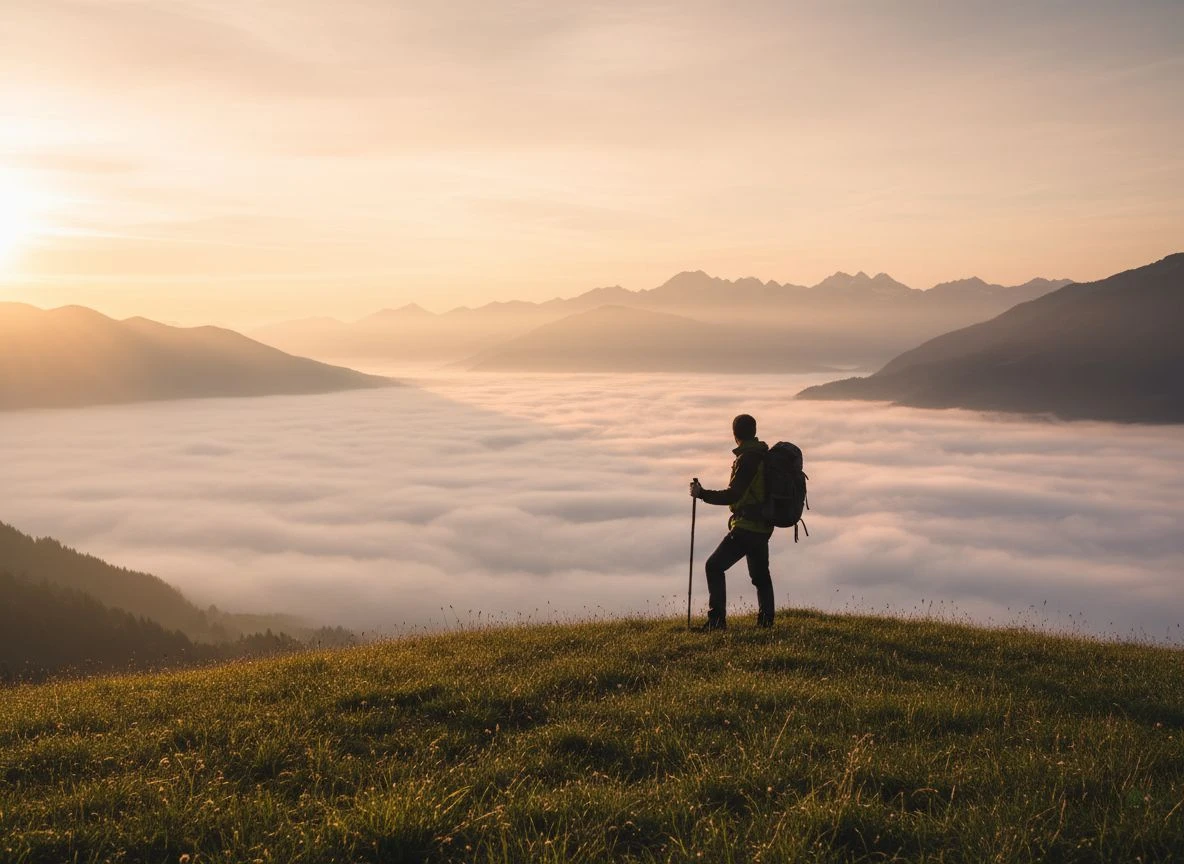 A lone hiker on a hilltop at sunrise, overlooking a foggy valley, representing permanent first-mover advantage