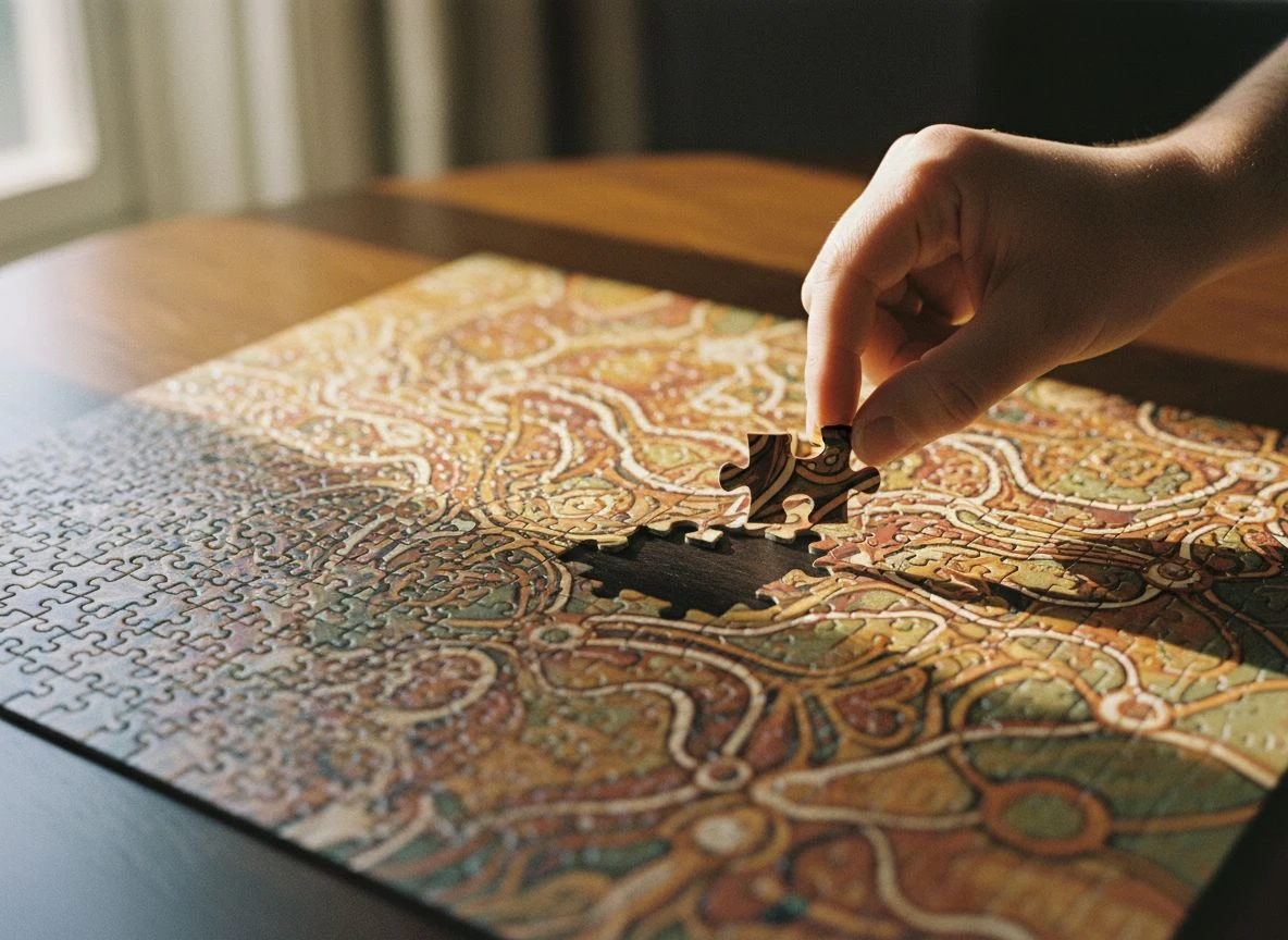 A jigsaw puzzle nearly complete with one missing piece held above, representing the knowledge graph completeness threshold