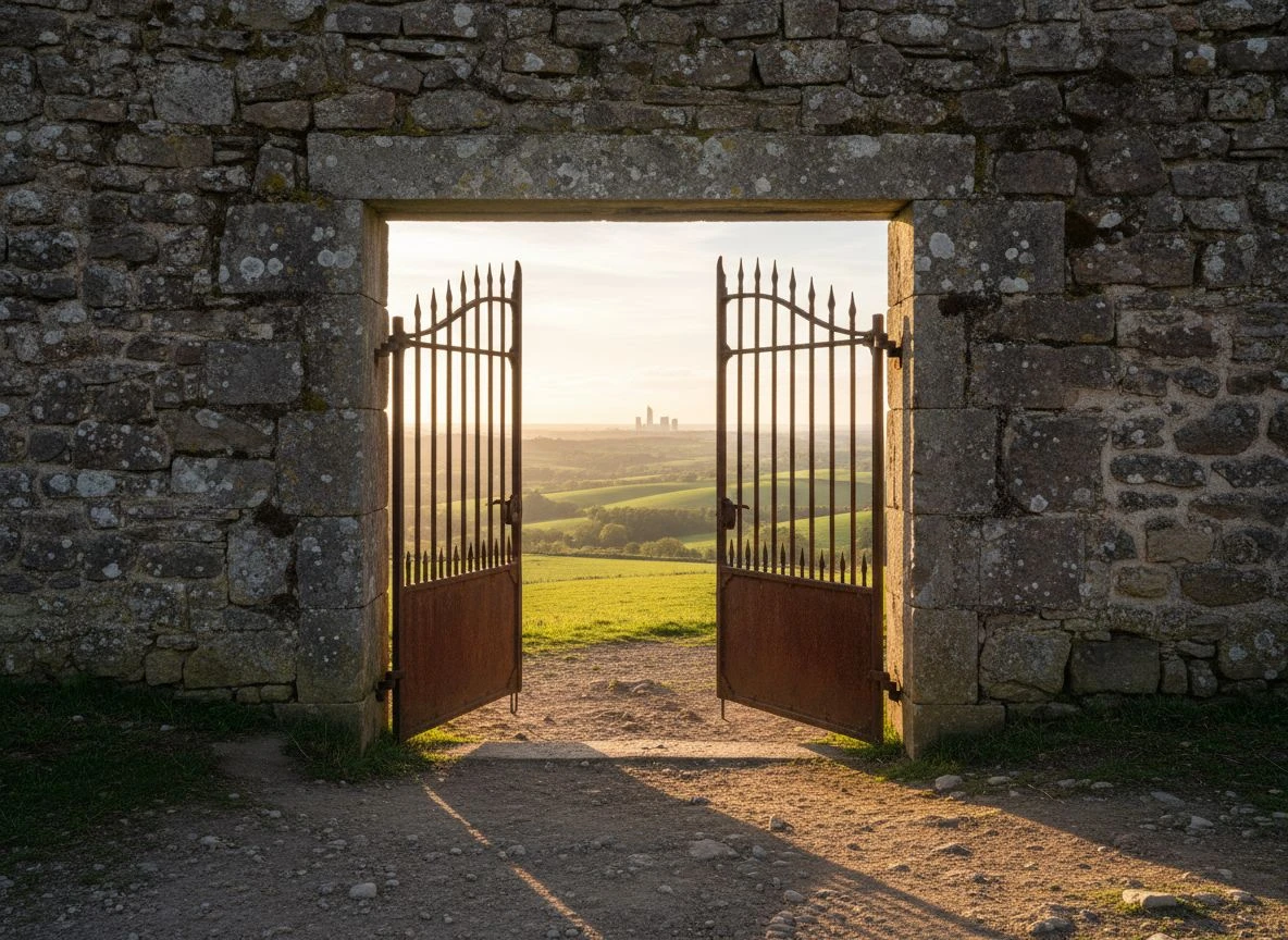 A stone wall with a partly open iron gate leading to a bright landscape, symbolizing the boundary of Byrum's Law