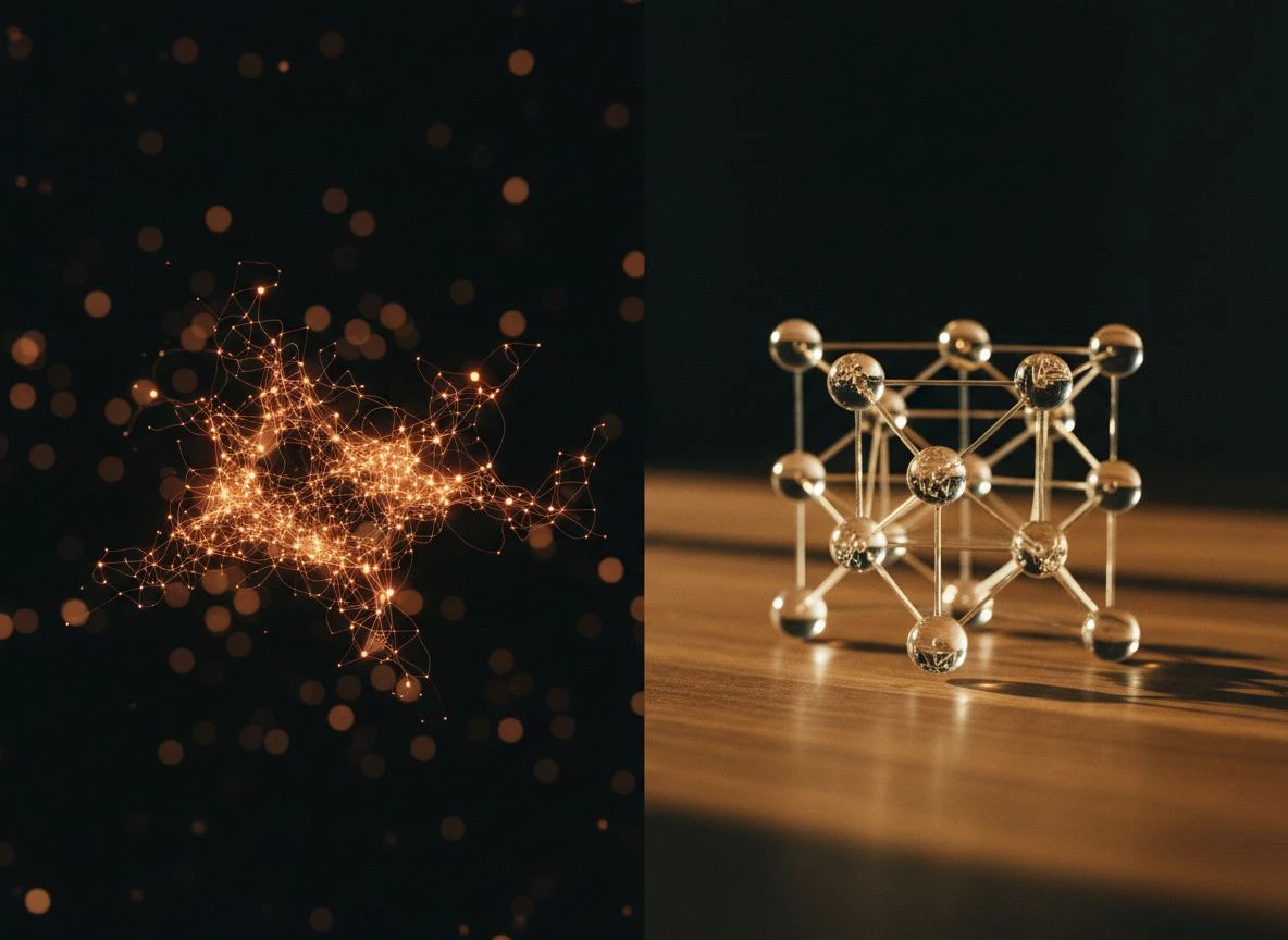 Side-by-side comparison of a fuzzy neural network and a clear knowledge graph, representing two AI paradigms