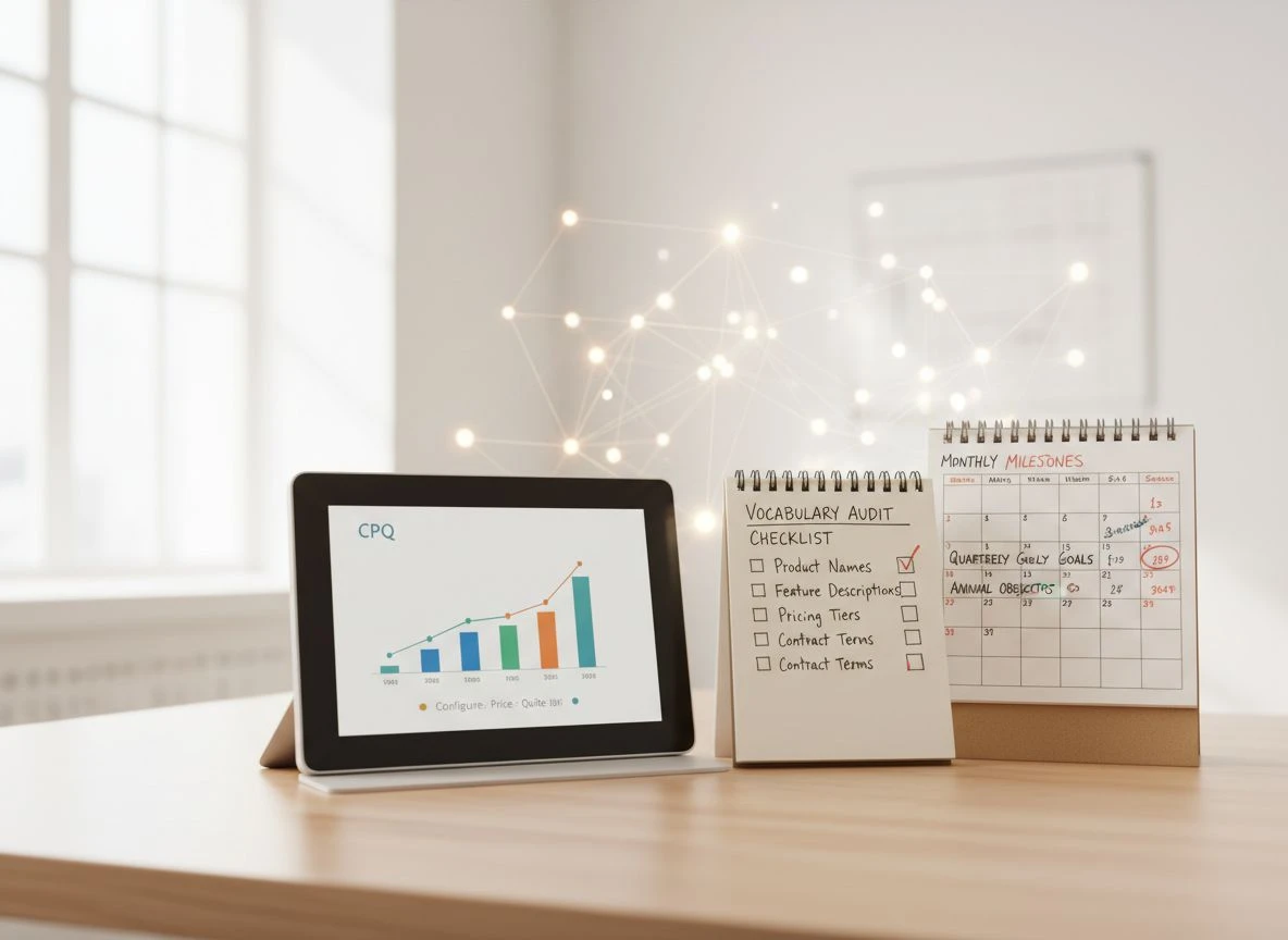 Minimalist office workspace with CPQ dashboard screen, audit checklist, and calendar representing AI authority maintenance cadence