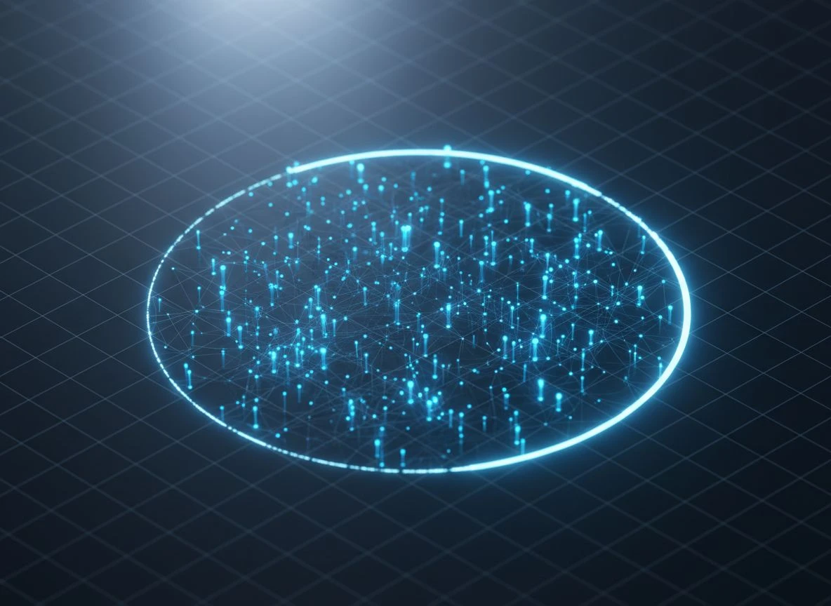3D knowledge graph with a glowing threshold arc, some nodes fully lit inside and others dim outside
