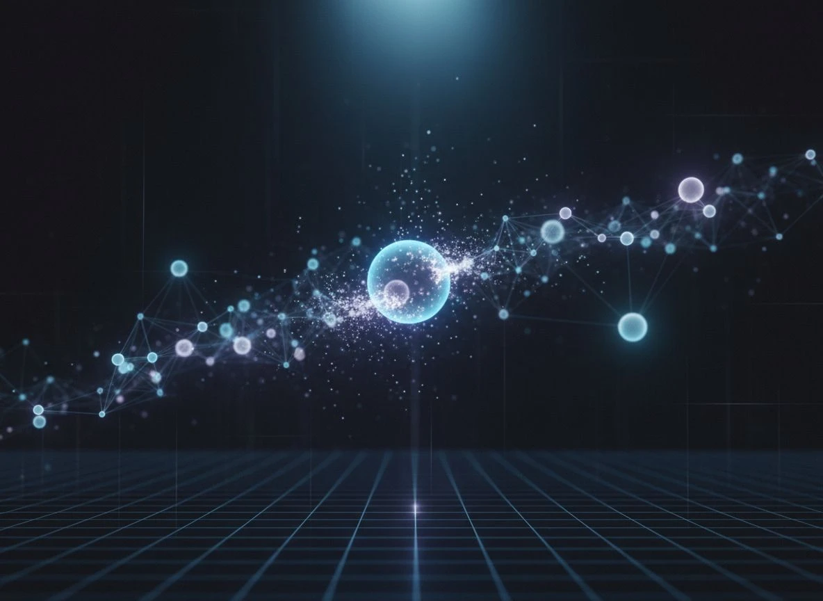Glowing digital network nodes fading and dissolving in dark abstract space representing parametric memory decay