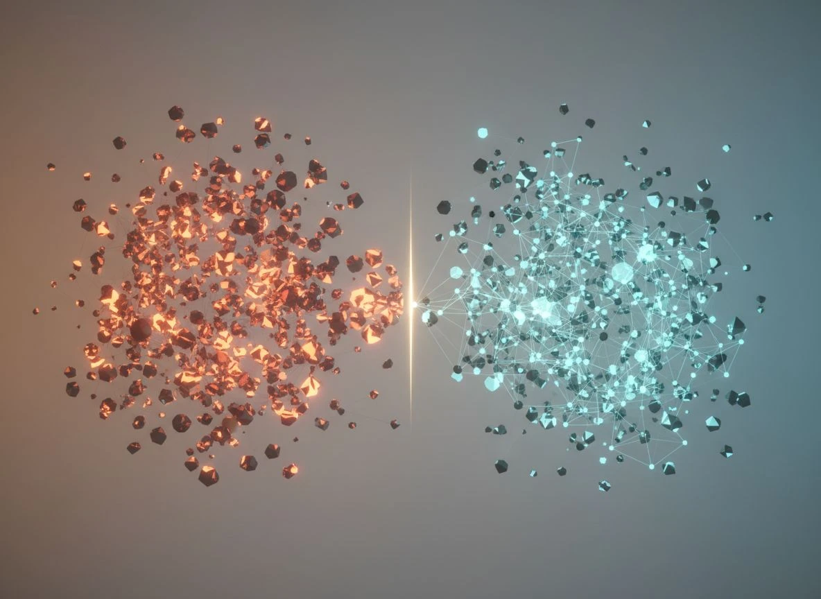 Abstract visual with chaotic particles on left and crystalline lattice on right separated by a glowing seam, representing AI architecture phase boundary