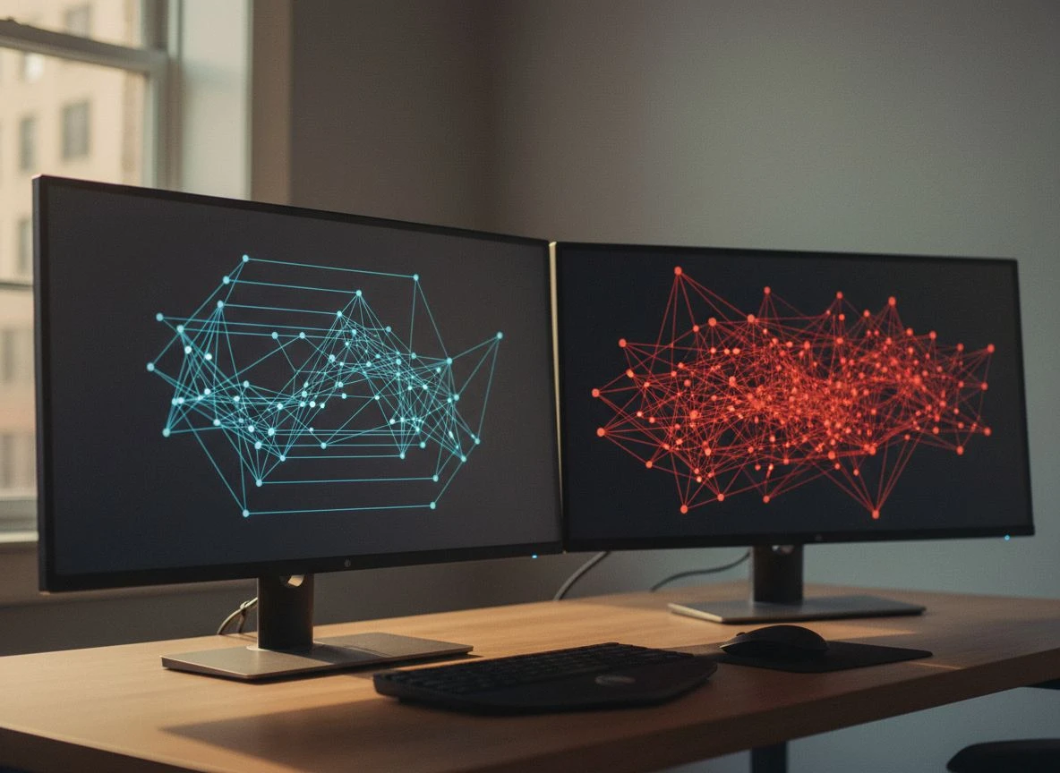 Analyst's desk with two monitors comparing coherent and conflicting data networks Analyst's desk with two monitors comparing coherent and conflicting data networks