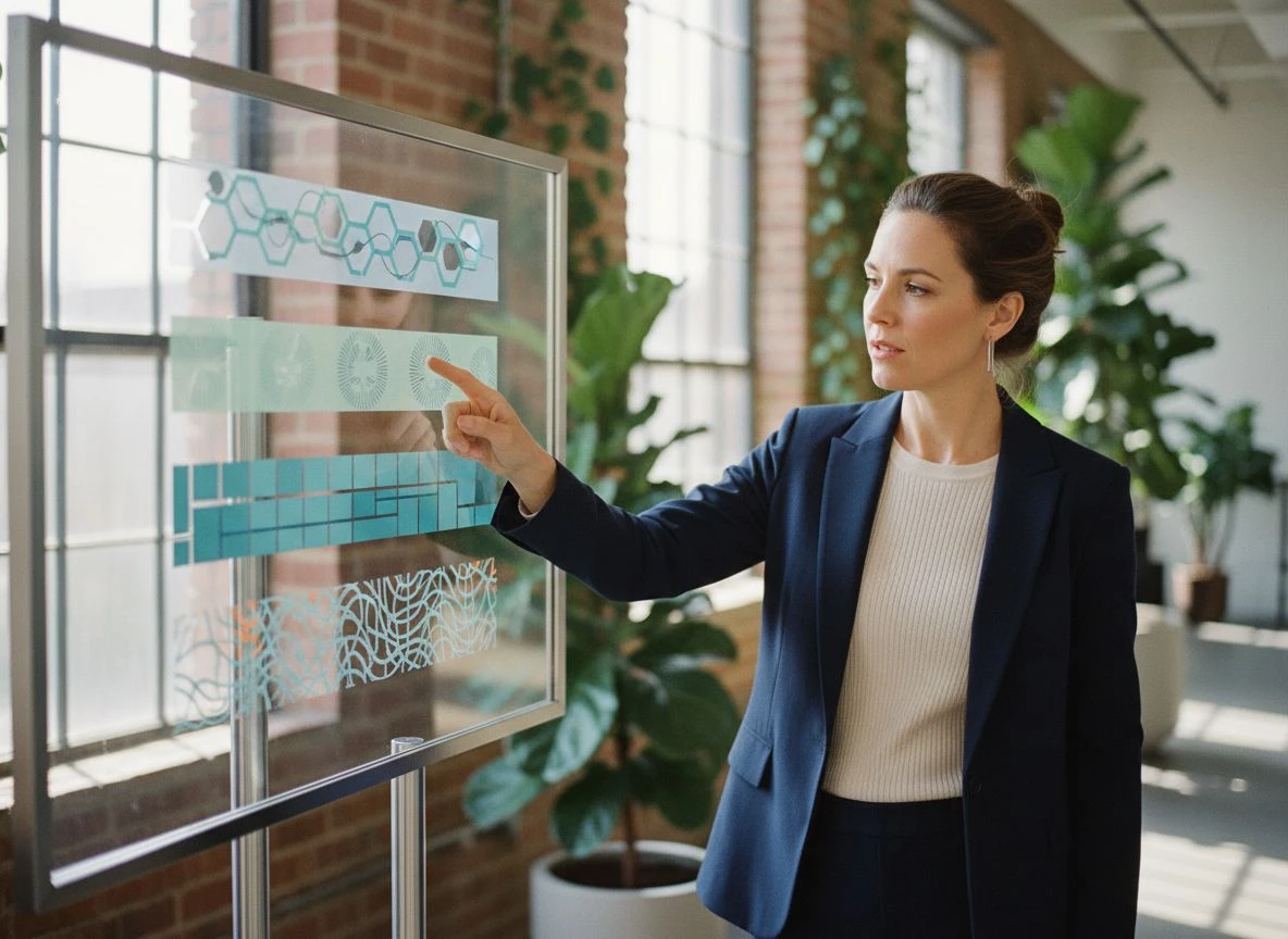 Woman pointing at a four-layer architectural diagram on a touchscreen in a modern office Woman pointing at a four-layer architectural diagram on a touchscreen in a modern office