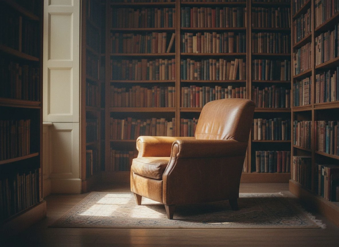 Empty leather armchair in a dusty library corner representing ontological forfeiture Empty leather armchair in a dusty library corner representing ontological forfeiture