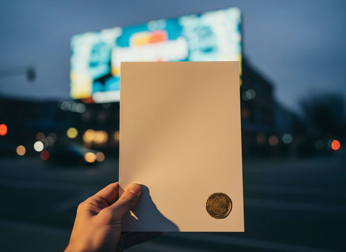 A hand holding a birth certificate in focus with a blurred billboard in the background, contrasting permanent infrastructure with temporary visibility
