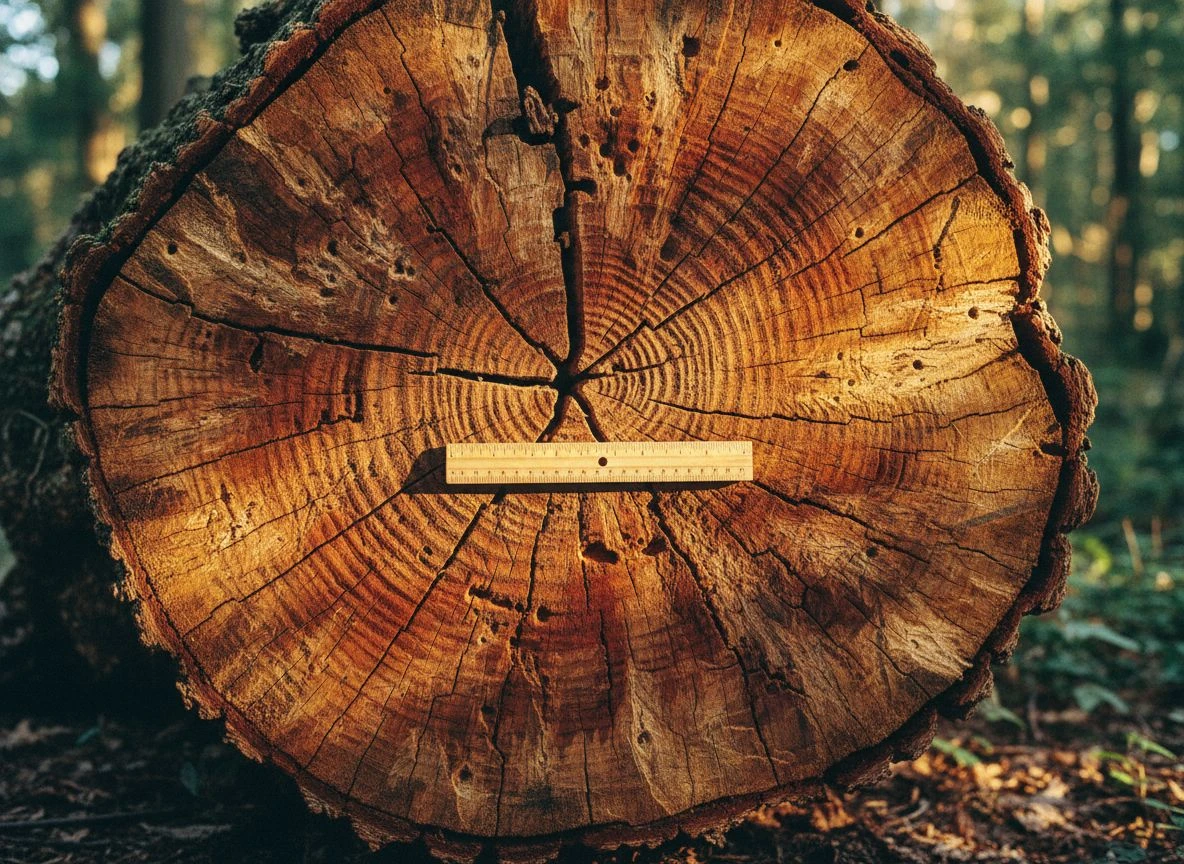 Cross-section of an ancient tree trunk with growth rings and a ruler, symbolizing temporal depth and irreproducibility