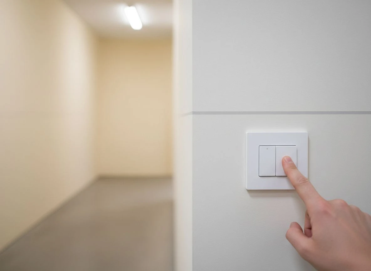 Hand flipping a light switch beside a painted horizontal line on a wall Hand flipping a light switch beside a painted horizontal line on a wall