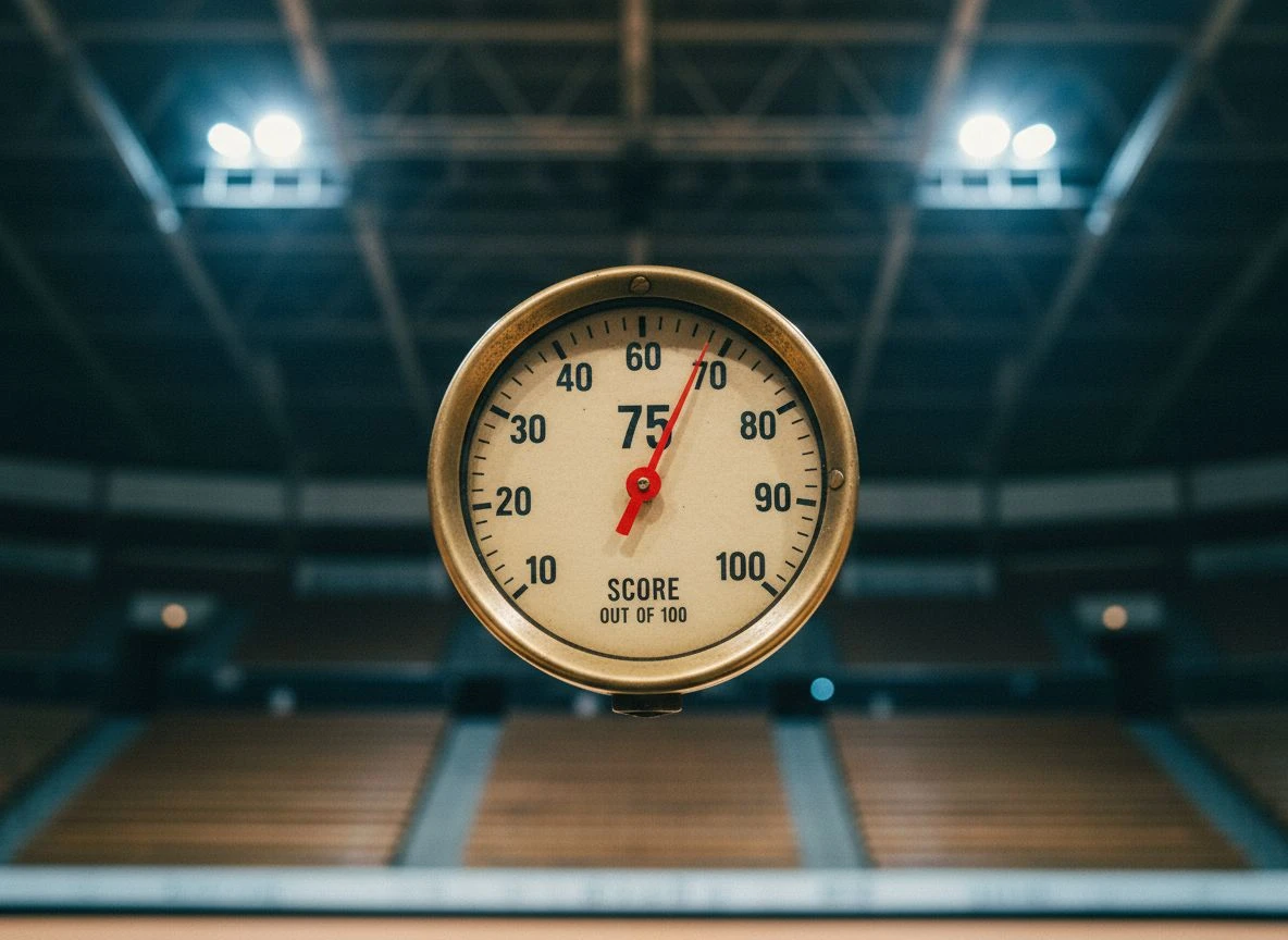 Analog gauge showing a score of 75 out of 100 with a red needle Analog gauge showing a score of 75 out of 100 with a red needle