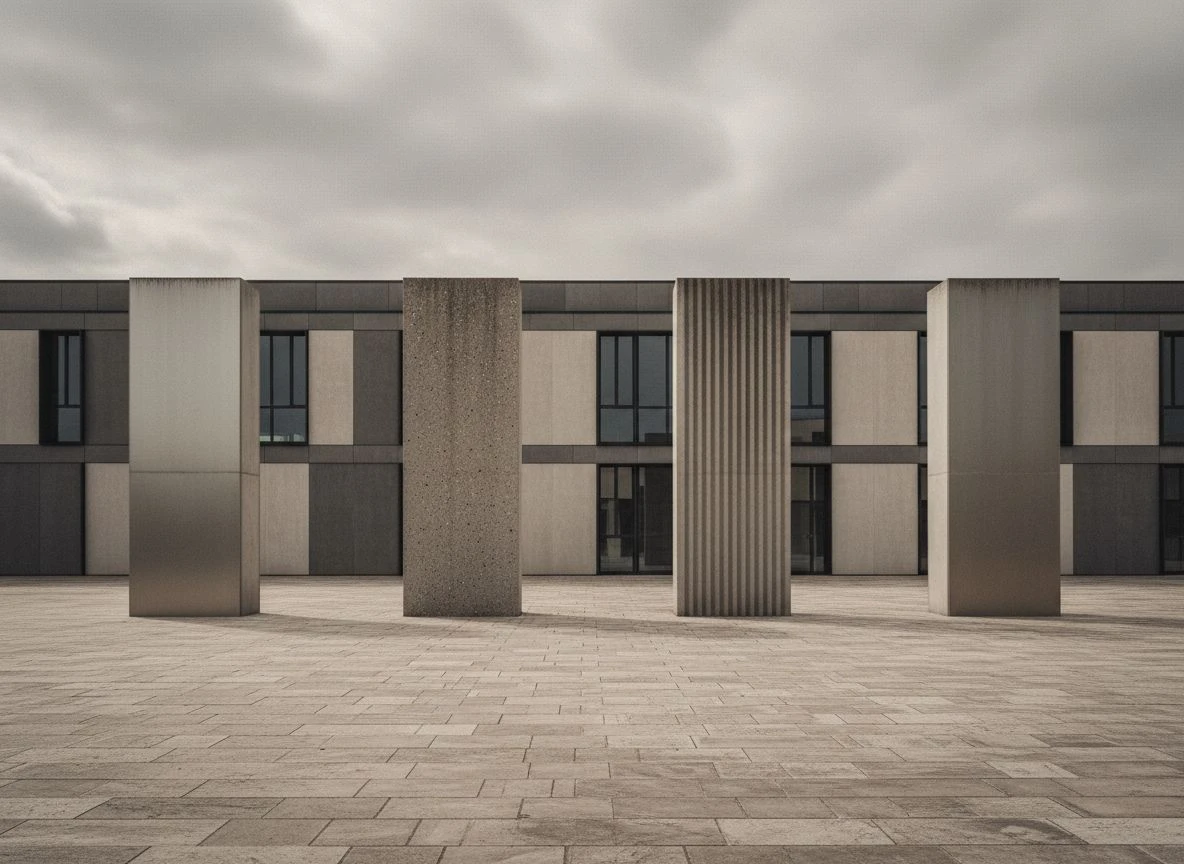 Four concrete pillars of equal height standing side by side on a plaza Four concrete pillars of equal height standing side by side on a plaza