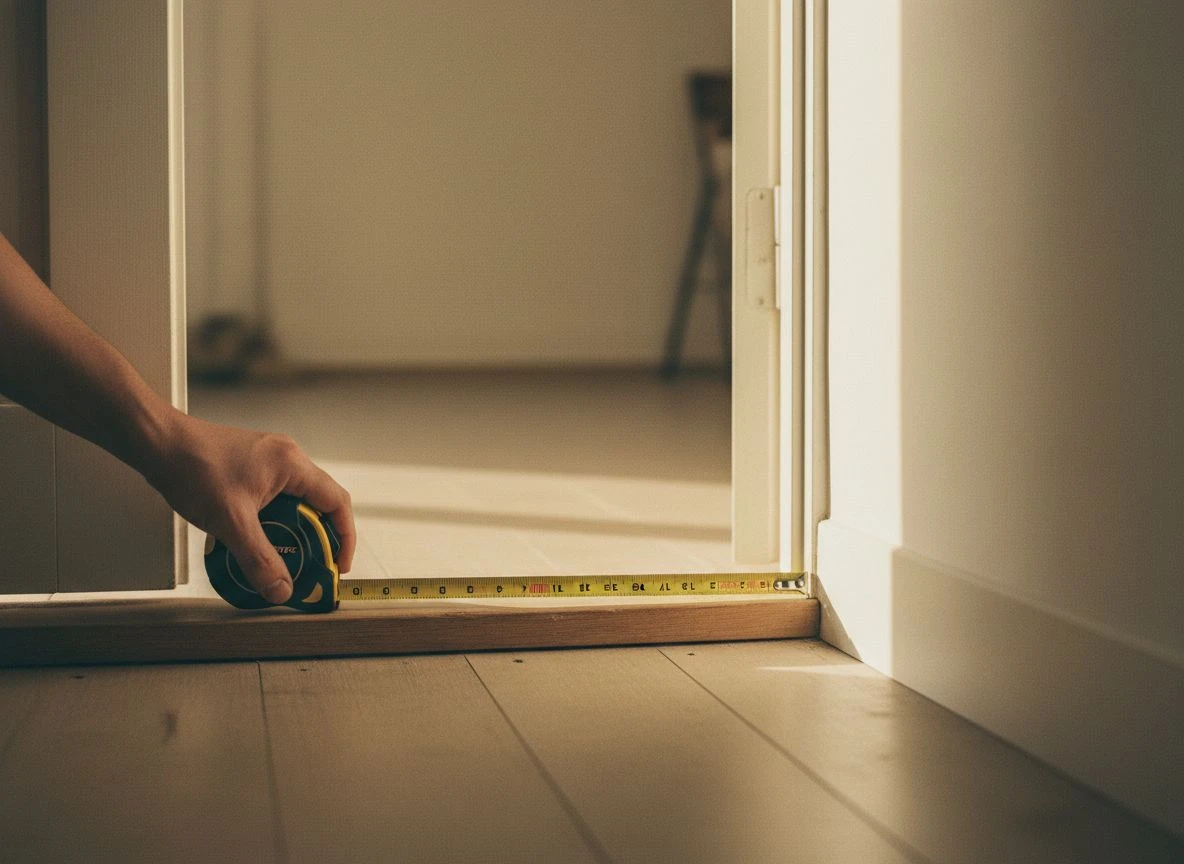 Hand holding a measuring tape across a doorway threshold with warm light passing through Hand holding a measuring tape across a doorway threshold with warm light passing through