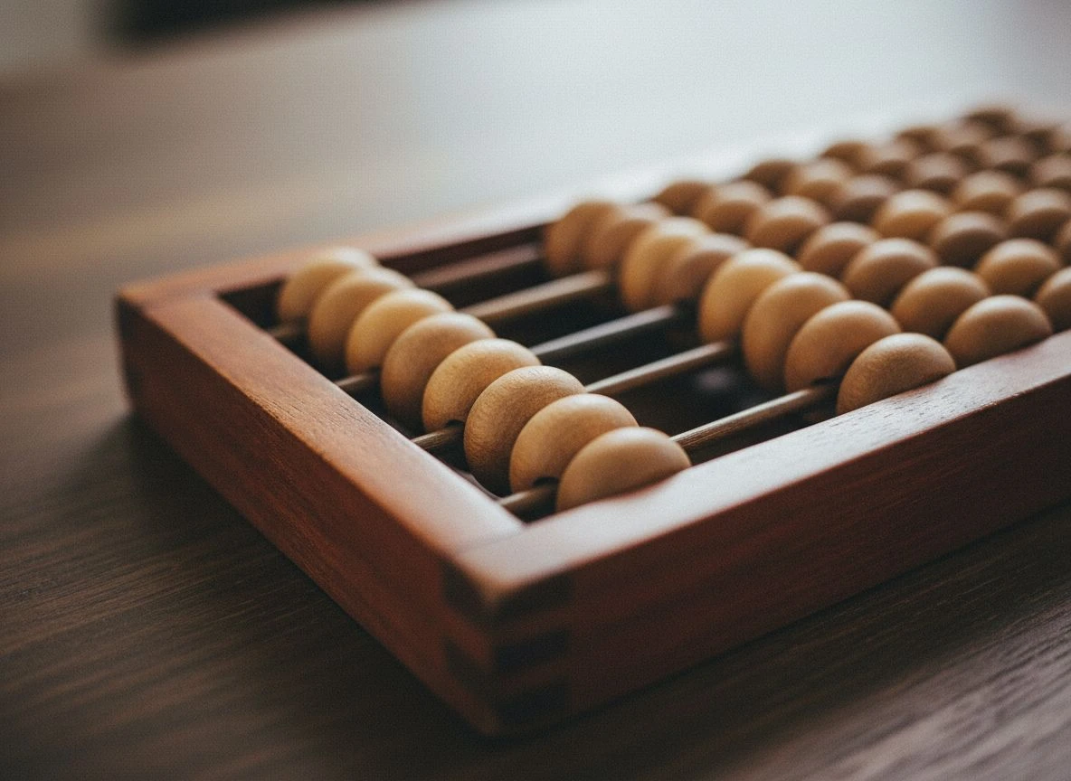 Close-up of an abacus with beads pushed aside, one bead in sharp focus